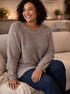 Eileen Fisher Boxy Crewneck Cotton Blend Sweater Barley Brown